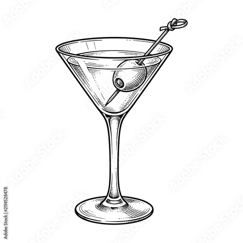 Fotografía Hand drawn martini glass with olive on a stick, vintage sketch style illustratio