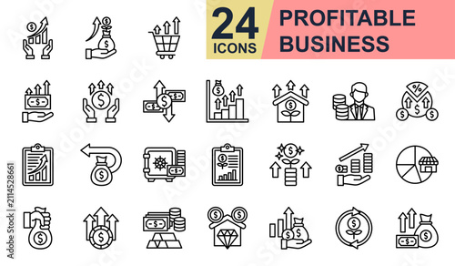 Profitable Business Icons set vector illustration. Containing Profit Chart, Money Growth, Capital Gain, Cash Flow, Market capitalization and more. Simple line icons collection.