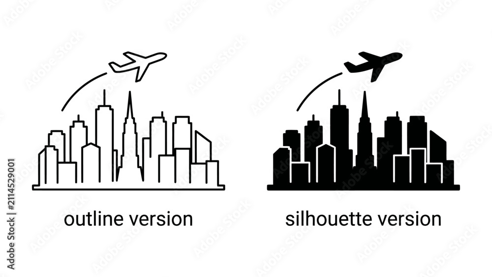 Fototapeta premium Airplane over Skyline: A modern city skyline depicted in both outline and silhouette, with an airplane soaring above, symbolizing travel and urban life.
