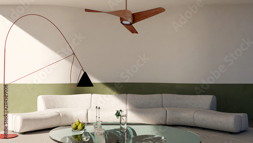 3D render, illustration Large Luxury modern living room interior,  brutalist architecture realistic lighting,  Graphic Overlay wide angle, contemporary furniture, clean lines, minimalist decor, elegan