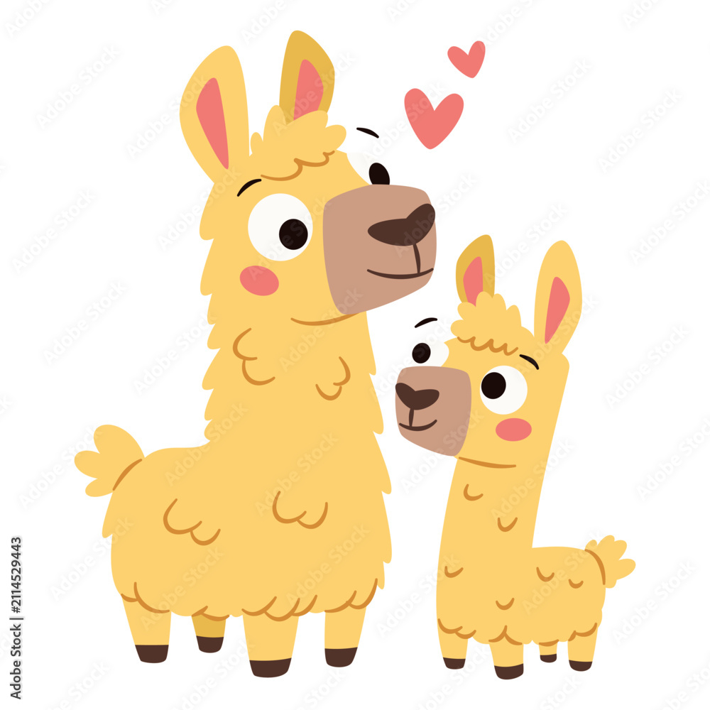 Fototapeta premium A cute llama stands with her baby. A flat vector illustration in a simple, child-friendly style . Vector illustration