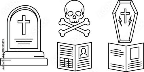 Bild auf Leinwand Funeral service and cemetery line art vector set with tombstone skull crossbones