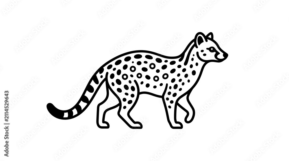 Obraz premium Black and white line art illustration of a spotted civet walking gracefully, showcasing its distinctive pattern and slender form.