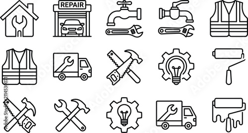 Home repair renovation tools and plumbing maintenance line art vector set with hammer wrench faucet and truck icons