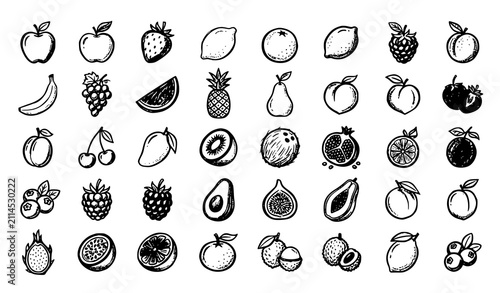 Fruit Chalk Hand Drawn Doodle Icon Set with Crayon Style Vector Illustration