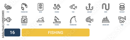 Fotografie Set of 16 outline web Fishing icons such as fish, cruise ship, fish, fishing rod