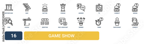 Schilderij op canvas Set of 16 outline web Game Show icons such as correct, participant, timer, winne