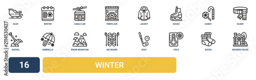Set of 16 outline web Winter icons such as wooden house, socks, cold temperature, golf, ski board, snow mountain, umbrella vector icons for report, presentation, diagram, web design, mobile app