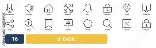 Set of 16 outline web UI Basic icons such as padlock, delete, search, stats, upload, bookmark, zoom in vector icons for report, presentation, diagram, web design, mobile app