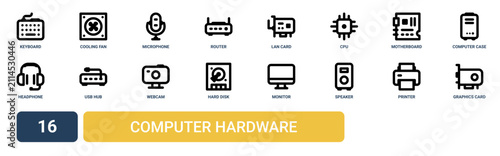Set of 16 outline web Computer Hardware icons such as graphics card, printer, speaker, monitor, hard disk drive, webcam, usb hub vector icons for report, presentation, diagram, web design, mobile app