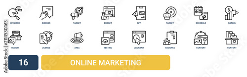 Set of 16 outline web Online Marketing icons such as content, content, audience, clickbait, testing, area, license vector icons for report, presentation, diagram, web design, mobile app