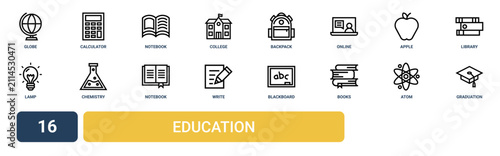 Set of 16 outline web Education icons such as graduation, atom, books, blackboard, write, notebook, chemistry vector icons for report, presentation, diagram, web design, mobile app