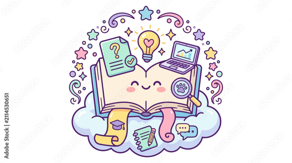 Fototapeta premium Kawaii open book with lightbulb and laptop icons.