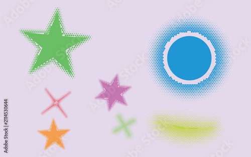 Colorful halftone star and circle shapes on pastel background with halftone abstract geometric