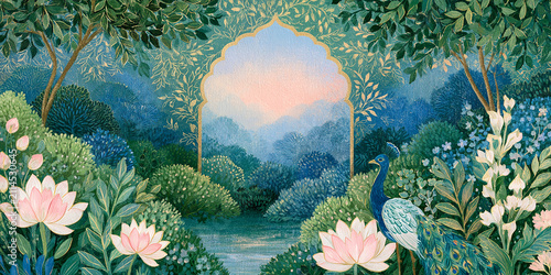 Mughal garden landscape with ornamental archway peacock and blooming lotus flowers in lush foliage