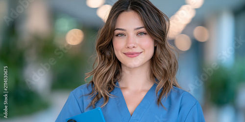 Friendly young female nurse or doctor in blue scrubs holding a medical chart inside a bright hospital