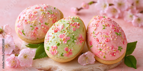 Three egg-shaped decorated cookies with pastel glaze and sugar sprinkles on a soft pink background