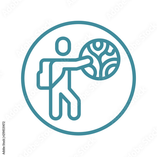 Person carrying global bag representing world travel and responsibility.