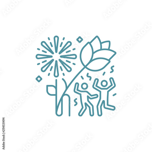 People celebrating with flowers and fireworks linear icon.
