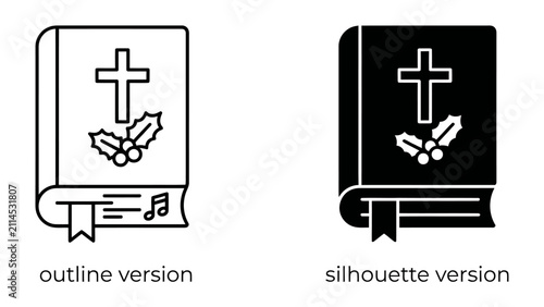 Quadro su tela Bible with Cross and Holly Leaf Icons: A stylized representation of a Bible, available in both outline and silhouette versions, features a prominent cross emblem and festive holly leaves