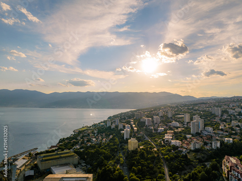 Summer drone footage of Rijeka coastline and turquoise Adriatic Sea