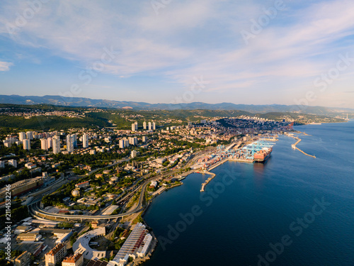 Rijeka harbor and modern city architecture aerial view on sunny day