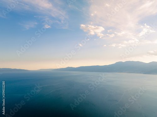 Drone view of Rijeka city center, marina, and Adriatic coast in summer