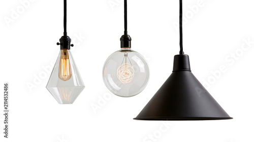 Fotografie Three pendant light fixtures with Edison bulbs and metal shade
