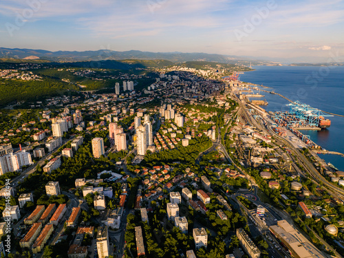 Aerial view of Rijeka city coastline and harbor on a sunny summer day
