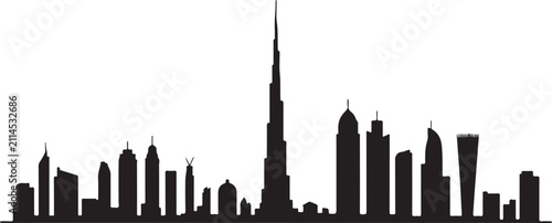 Dubai city skyline silhouette, vector illustration of famous skyscrapers and buildings in dubai, united arab emirates