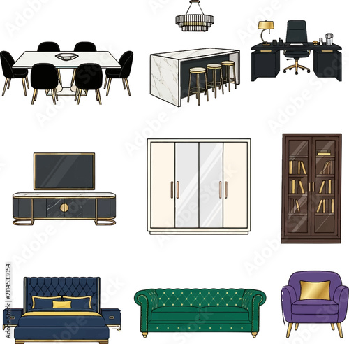 Modern luxury furniture vector set: sofas, beds, desks, TV units, and wardrobes. Perfect for stylish interior design concepts.