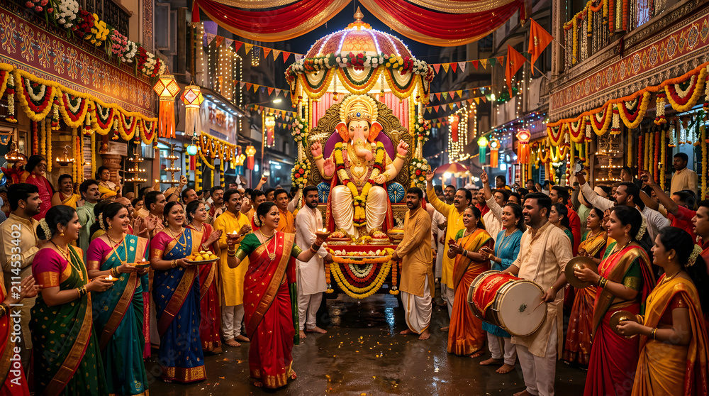 Fototapeta premium Lord Ganesha festival procession through a crowded city street.