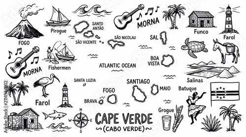 Cape Verde Island Map and Culture in Black and White Doodle Line Art Style