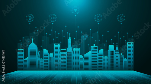 Smart city technology. Future technology city architecture concept. Digital hi-tech city design. Technology city background.