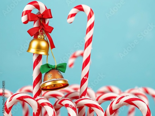 Christmas bells adorn a festive sugar cane pattern, jingle, pattern