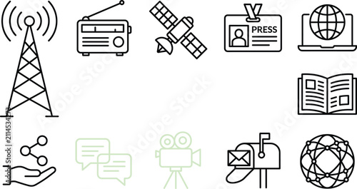 Foto Mass media communication and global broadcasting line art vector set with antenn