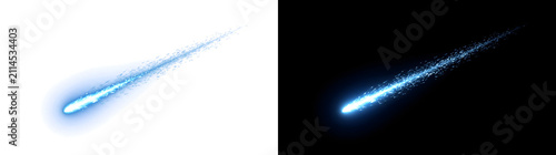Blue glowing comet shooting star with sparkling particle trail ideal for cosmic banners PNG, Transparent and Black Background Versions for design use