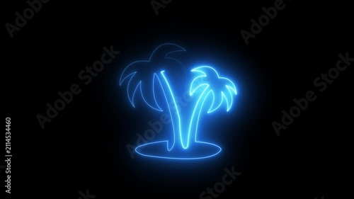 Neon Palm Tree Island Animation. Glowing Tropical Beach Lights on Black Background. Retro Loop Motion Design for Summer, Holiday, Nightclub, Travel, or Chill Vibes.