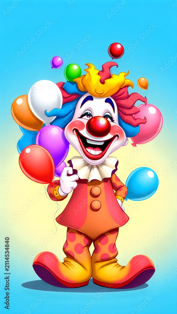 Naklejka premium Happy smiling cartoon clown holding colorful balloons on bright blue and yellow background.