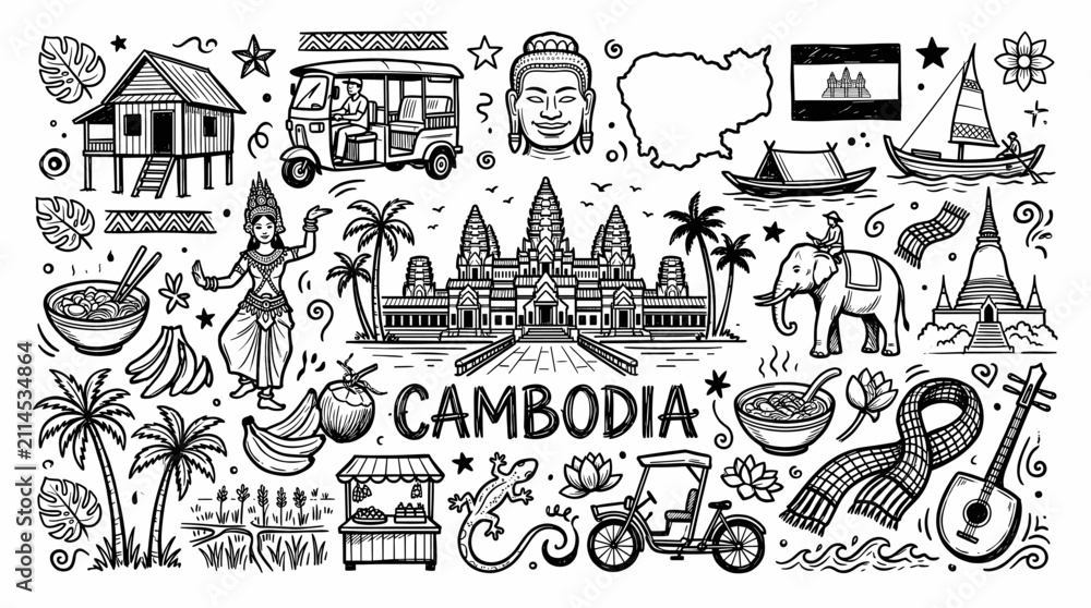 Obraz premium Cambodia Travel Landmarks in Black and White Doodle Line Art Style