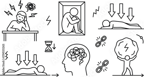 Foto Mental health stress burnout depression and psychological pressure line art vect