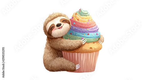 Cute smiling sloth hugging colorful rainbow frosted cupcake illustration, kawaii animal dessert clipart on transparent background