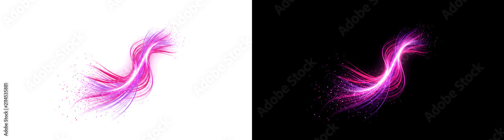 Fototapeta premium Pink purple glowing light swirl with sparkling particles forming a feather shape ideal for vibrant banners PNG, Transparent and Black Background Versions for design use
