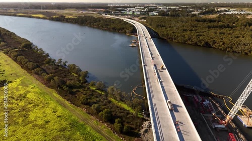 Aerial drone view of the M1 Pacific Motorway Extension project at the new Hunter River Bridge, Newcastle, NSW Australia on 26 July 2026
