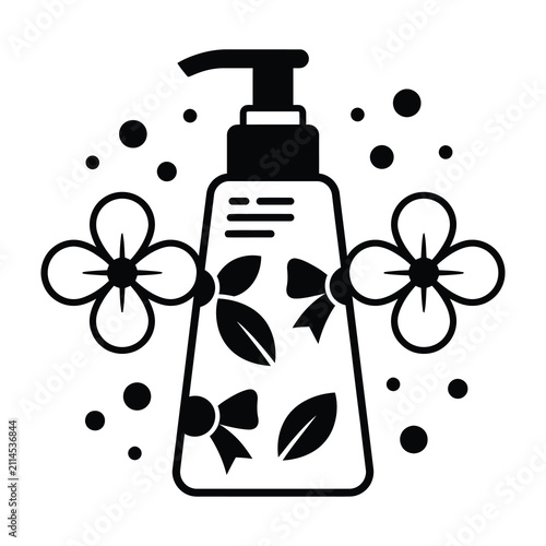 Black and white lotion bottle with flowers and leaves illustration