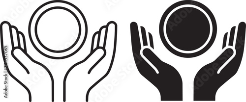 Foto Art & Illustration, Vector icon of supportive hands holding and protecting a central sphere for customer care and insurance service