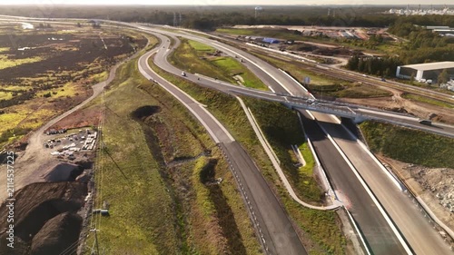 Aerial drone view of Tomago Interchange for the M1 Pacific Motorway Extension project at Tomago, Newcastle, NSW Australia on 26 July 2026
