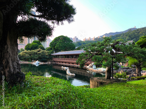 Konstfotografi The classic Chinese-style garden background showing sculpted trees and dark volc