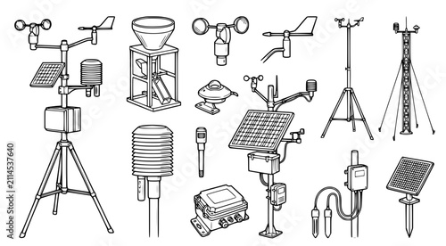Professional meteorological weather station instruments and environmental monitoring sensors in clean black and white line art vector style for scientific data collection