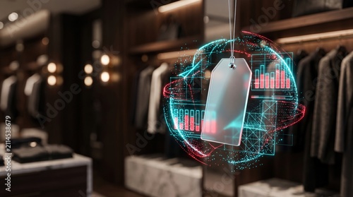 Digital price tag with holographic data visualization in a modern clothing store